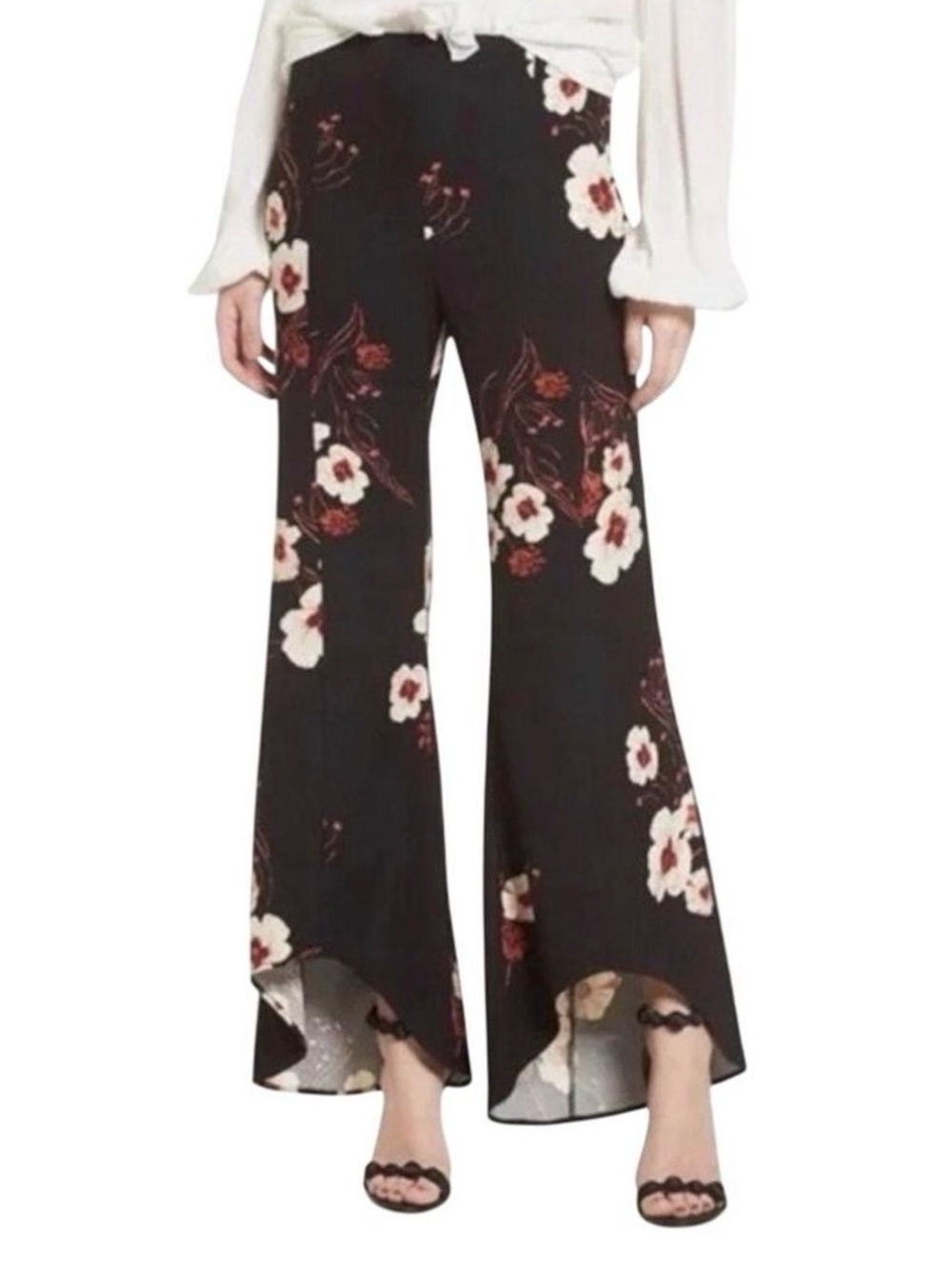 Leith Black Pink Floral Wide Leg Flare Pants Women's Small Boho Whimsigoth